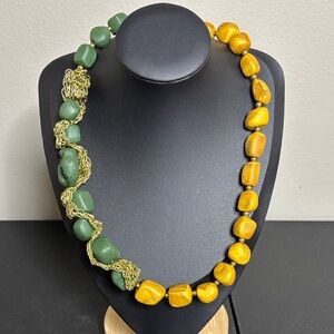 Unique Yellow Green Wrapped Gold Tone Chain Runway Statement Chunky Necklace